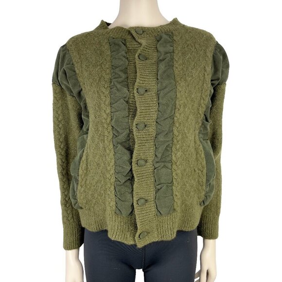 MONTAGUT VTG Wool Boxy Button up Ruffled Velevet Suede Green Cardigan s S-M - Picture 3 of 11